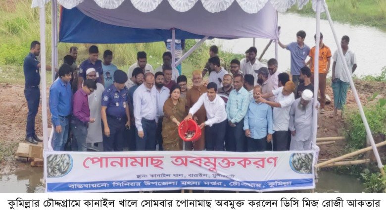 চৌদ্দগ্রামে কানাইল খালে পোনামাছ অবমুক্ত করলেন ডিসি